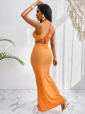Solid Color Metal Decoration Sexy Hollow Dress