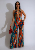 Sexy Halterneck Backless Casual Printed Jumpsuit