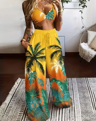 2024 Fashion Printed Wide Leg Pants Two-piece Set