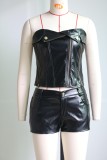 Zipper Cuffed Slim Fit Tube Top Leather Shorts Two Piece Set