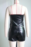 Zipper Cuffed Slim Fit Tube Top Leather Shorts Two Piece Set