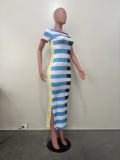 Round Neck Short Sleeve Slit Patchwork Striped Dress