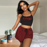 Suspender Letter Print Backless Striped Drawstring Shorts Sexy Two-Piece Set