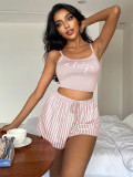 Suspender Letter Print Backless Striped Drawstring Shorts Sexy Two-Piece Set