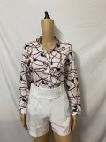 Fashionable Digital Printed Stand Collar Long Sleeve Shirt + Shorts Two-piece Set