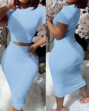 Stylish Short-sleeved Top And Bodycon Midi Skirt Suit