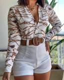 Fashionable Digital Printed Stand Collar Long Sleeve Shirt + Shorts Two-piece Set