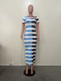 Round Neck Short Sleeve Slit Patchwork Striped Dress