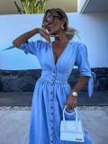 Fashionable and Sexy V-neck Long Button Denim Dress