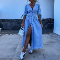 Fashionable and Sexy V-neck Long Button Denim Dress