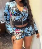 Casual Printed Long-sleeved Shorts Two-piece Set