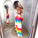 Sexy Printed Patchwork Backless Hollow Stretch Halterneck Dress