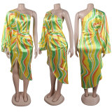 Sexy Slim-fit Printed Asymmetrical Off-shoulder Slit Dress