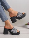Popular Large Size Sequined Thick Heel Outer Sandals