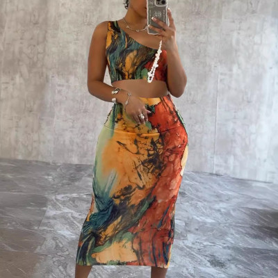 Sexy Printed Stretch One-shoulder Skirt Two-piece Set