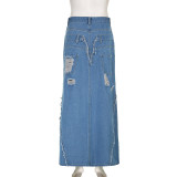 Fashionable Raw Edge Ripped Patchwork Slit Denim Skirt