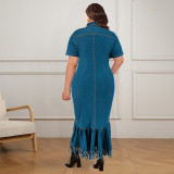 Elegant Plus Size Fringed Denim Dress
