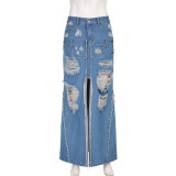 Fashionable Raw Edge Ripped Patchwork Slit Denim Skirt