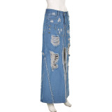 Fashionable Raw Edge Ripped Patchwork Slit Denim Skirt