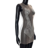 Round Neck Sleeveless Patchwork Mesh Sexy Hollow Permed Diamond Dress