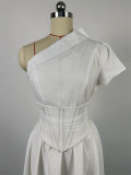 Fashionable Slanted Shoulder Waist Herringbone Waist Dress