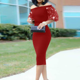 Fashionable Embroidered Puff Sleeve One-shoulder Dress