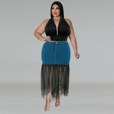 Fashionable Denim Patchwork Mesh Skirt