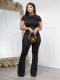 Black Solid Color Wavy Pattern Round Neck Short-Sleeved Trousers Two-Piece Set