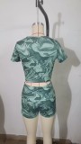 Green Round Neck Tight Short-Sleeved T-Shirt Sexy Bag Hip Shorts Two-Piece Set