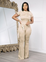 Khaki Solid Color Wavy Pattern Round Neck Short-Sleeved Trousers Two-Piece Set