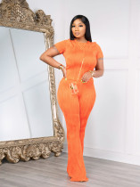 Orange Solid Color Wavy Pattern Round Neck Short-Sleeved Trousers Two-Piece Set