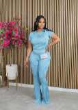 Blue Solid Color Wavy Pattern Round Neck Short-Sleeved Trousers Two-Piece Set