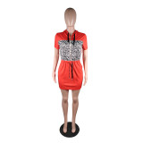 Red Fashionable Casual Leopard Print Patchwork Hooded Dress