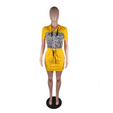 Yellow Fashionable Casual Leopard Print Patchwork Hooded Dress