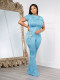 Blue Solid Color Wavy Pattern Round Neck Short-Sleeved Trousers Two-Piece Set