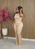 Khaki Solid Color Wavy Pattern Round Neck Short-Sleeved Trousers Two-Piece Set