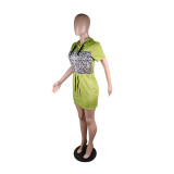 Green Fashionable Casual Leopard Print Patchwork Hooded Dress