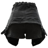 Black Button Fake Two-Piece Elastic Waist Denim Shorts