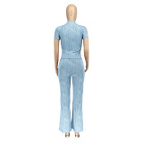 Blue Solid Color Wavy Pattern Round Neck Short-Sleeved Trousers Two-Piece Set