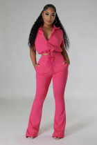 Rose Red Fashionable Casual Zipper Top And Flared Pants Two-Piece Set