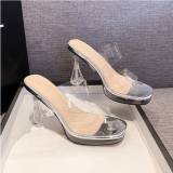 Silver One-piece Transparent High-heeled Square Toe Sandals