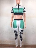 Green Plaid Print Casual Sports Two Piece Set