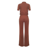 Brown Red Fashionable Casual Zipper Top And Flared Pants Two-Piece Set