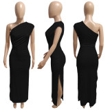 Black Threaded Pleated Slant Shoulder Slit Dress