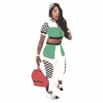 Green Plaid Print Casual Sports Two Piece Set