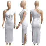 White Threaded Pleated Slant Shoulder Slit Dress