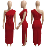 Red Threaded Pleated Slant Shoulder Slit Dress