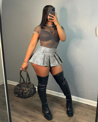 Grey Leather Sexy Solid Color Zippered Pleated Mini Skirt