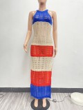 Blue Sexy See-Through Knitted Slit Color Block Dress