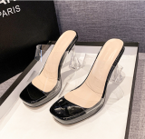 Black One-piece Transparent High-heeled Square Toe Sandals